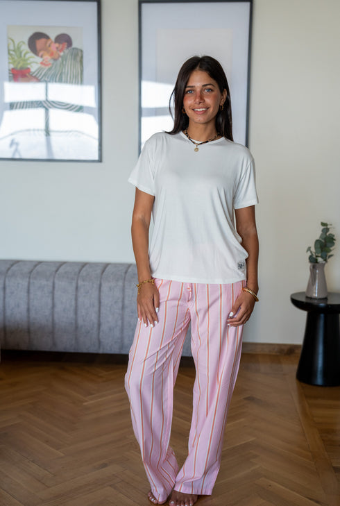 Women summer pajama set White T-shirt + Soft Candy x Orange Stripes Pants